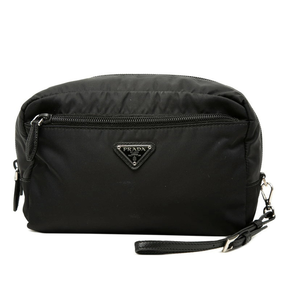 Prada Triangle Plate Pouch Clutch Black Leather